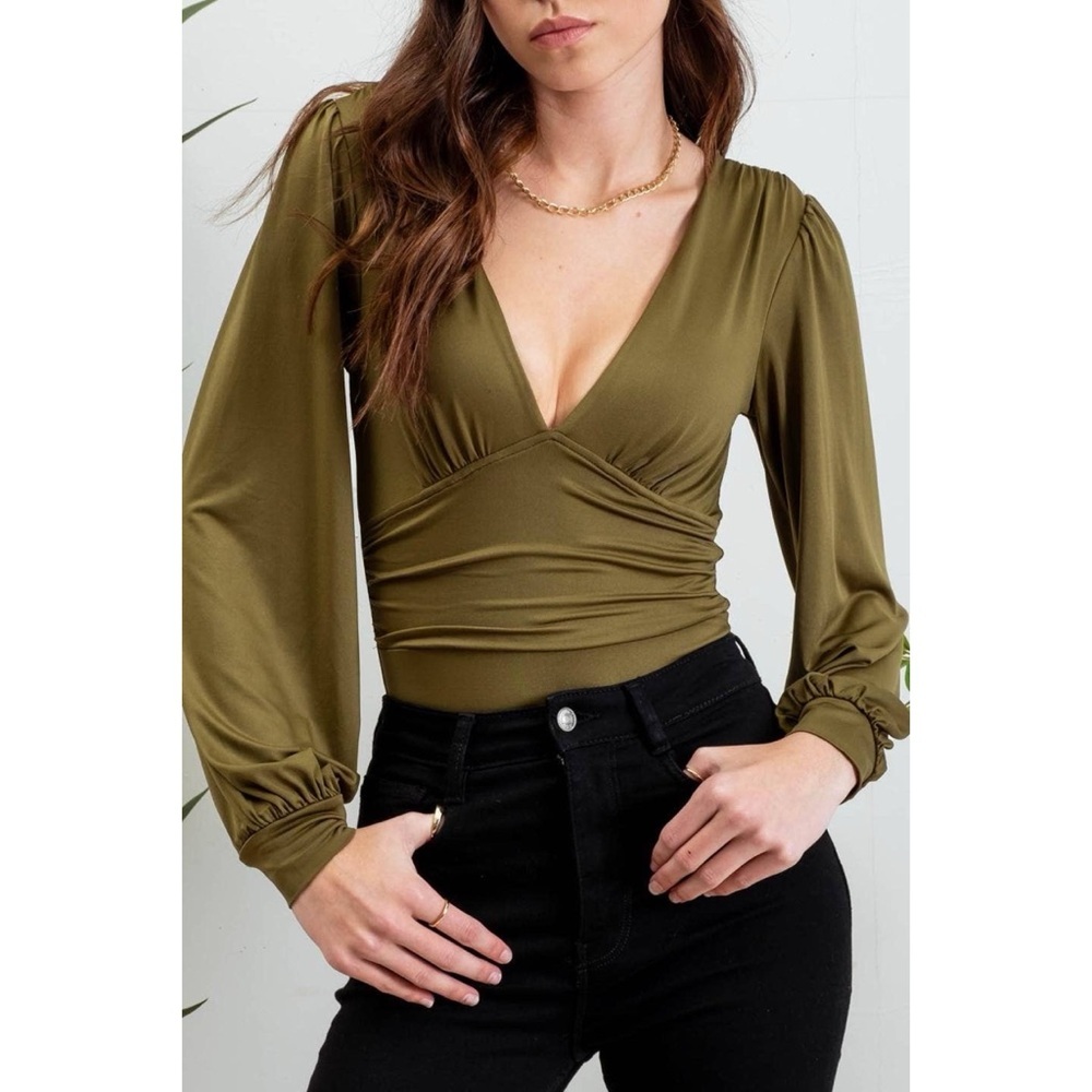 Deep V Neck Long Sleeve Bodysuit - Picture 2 of 4